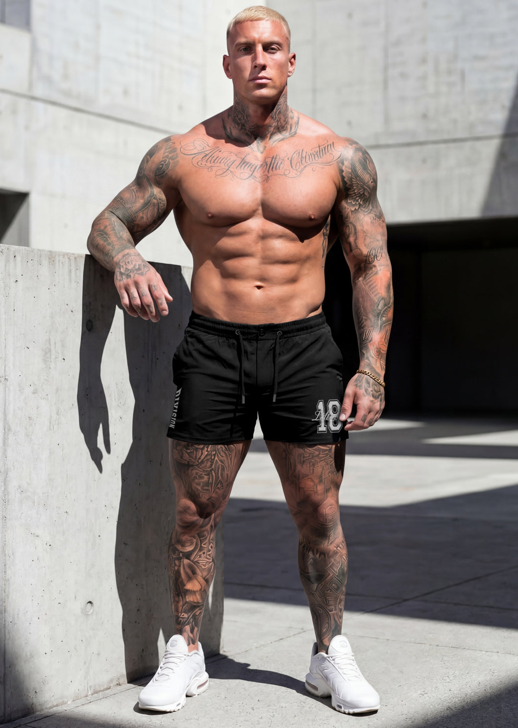 JCKD 1023 Squat Crue 18 Shorts black, bold Squat Crue graphic on performance gym shorts for lifters