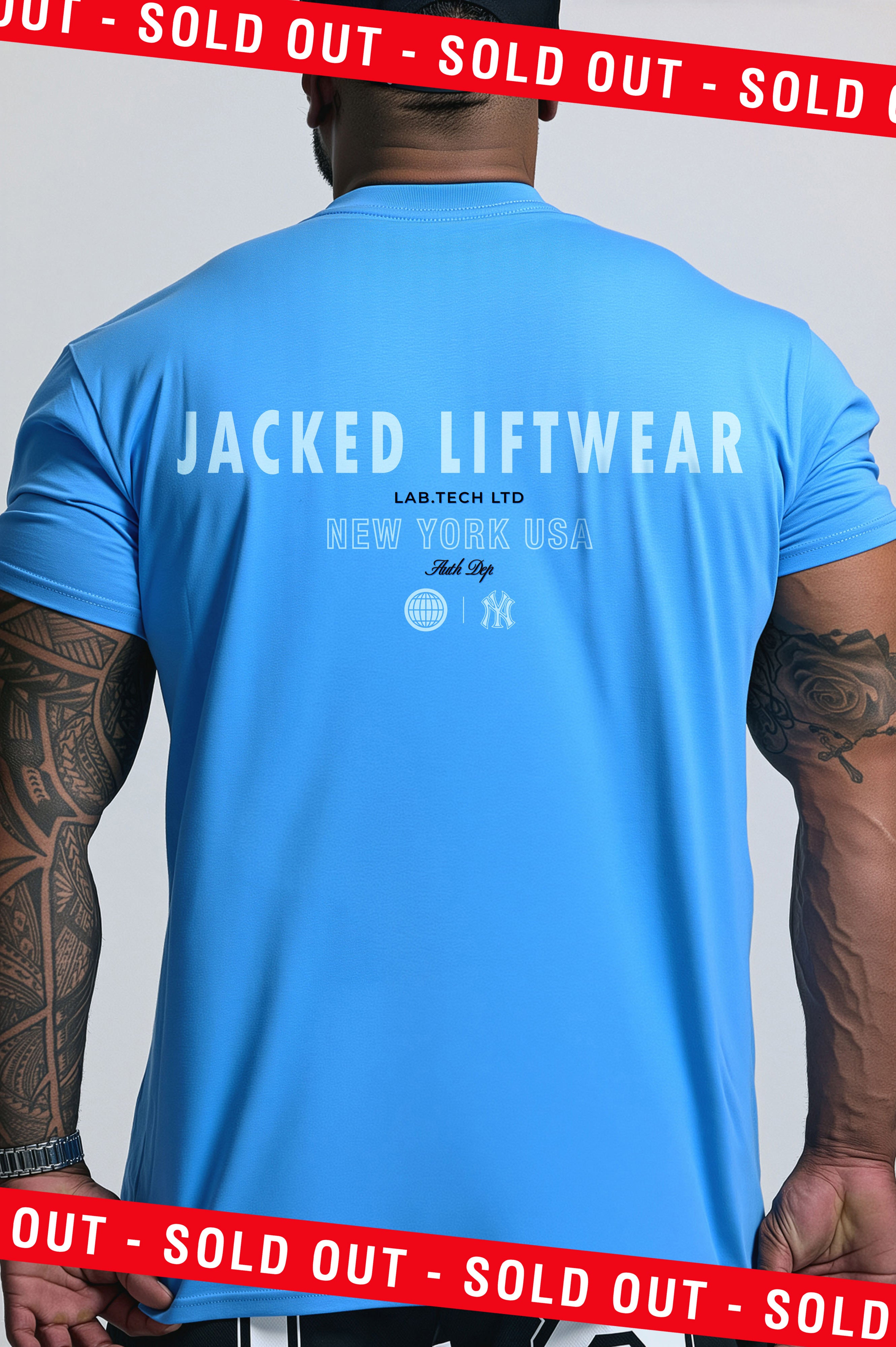 JCKD 3018 Mighty Atom Tee ocean blue, strongman tribute graphic on premium cotton gym tee