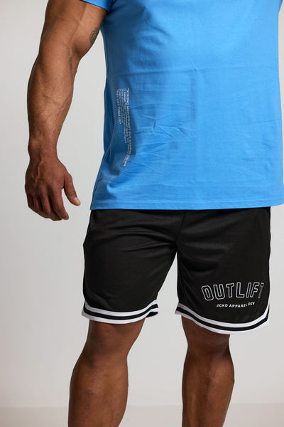 Person wearing a blue t-shirt and black shorts with 'OUTLIFT' branding on a white background