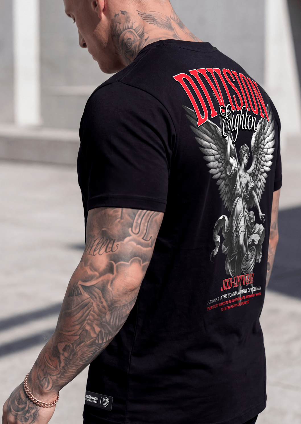 JCKD 3018 Angels N Iron Tee red, bold Division 18 drop graphic on heavyweight 220 GSM cotton gym tee